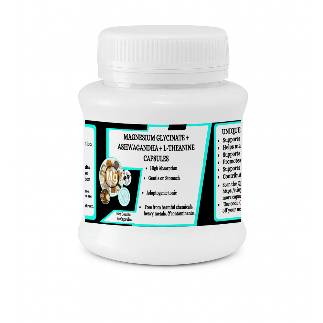 Magnesium Glycinate + Ashwagandha + L-Theanine Capsules - Natural support for calm, relaxation, and everyday stress balance.