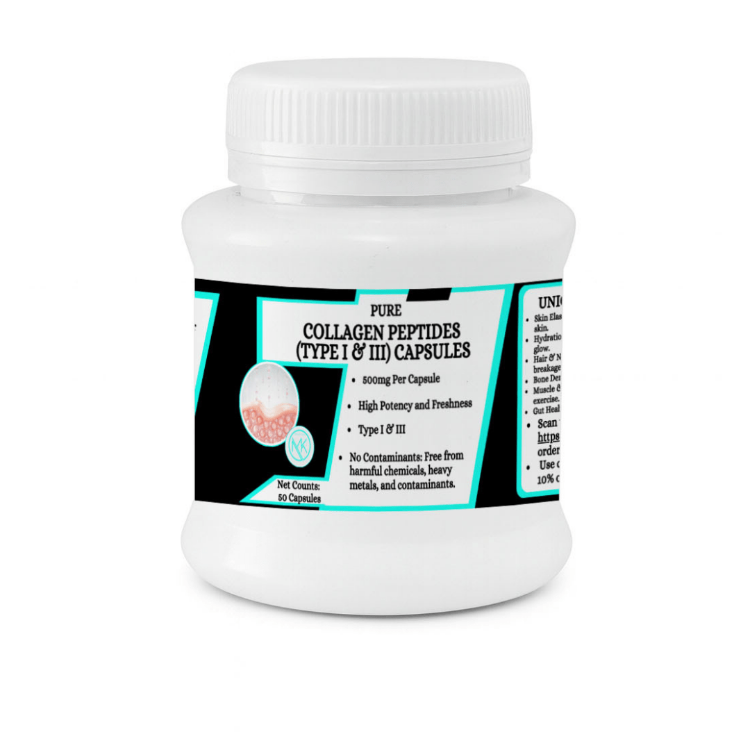Collagen Peptides Powder Capsules (Type I & 3 -Bovine + Marine Collagen ) - For Youthful Skin,Hair & Nail Strength - 50 Capsules