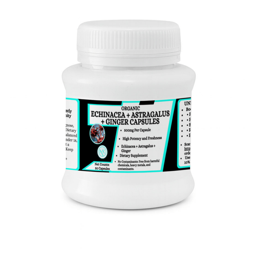 Echinacea + Astragalus + Ginger Capsules - Boosts immune response naturally,50 Capsules