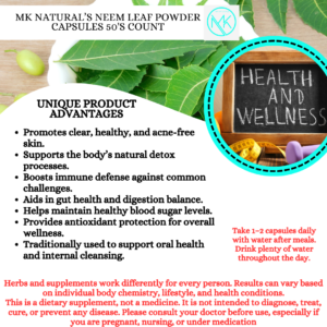 Neem Leaf Powder Capsules - Supports clear skin, healthy immunity, and natural detoxification. - 50 Capsules